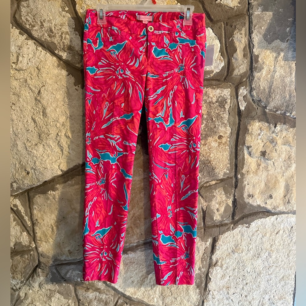 Lily Pulitzer Pink and Blue Floral Skinny Trouser Pant Size 0 - Picture 2 of 3